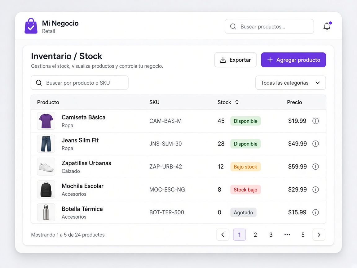 Tabla de inventario con stock y precios
